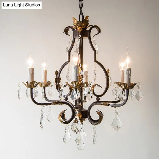 Rustic Wood Chandelier Lamp With Crystal Accent - Swooping Arm Pendant Light For Traditional Living