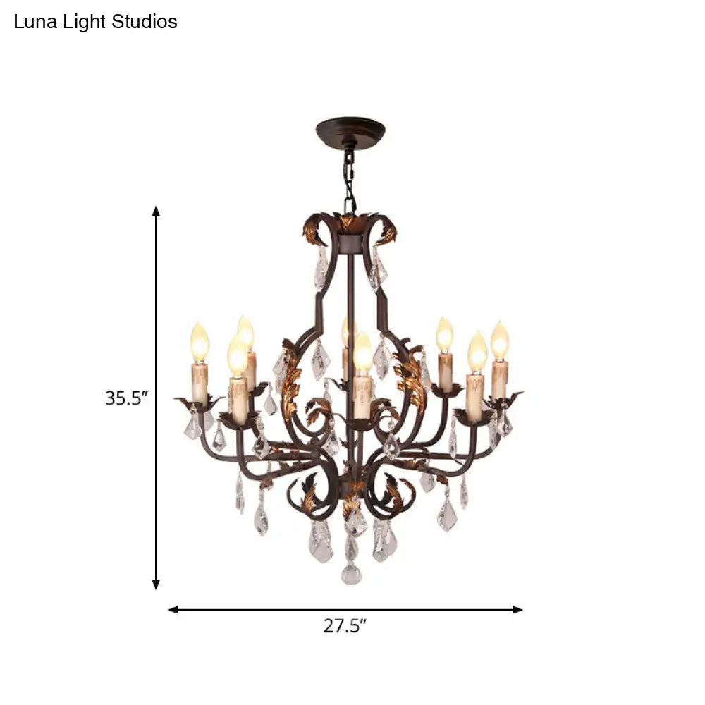 Rustic Wood Chandelier Lamp With Crystal Accent - Swooping Arm Pendant Light For Traditional Living