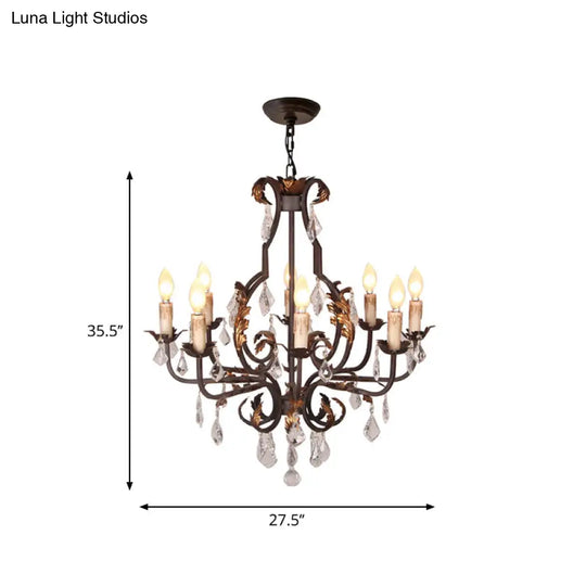 Rustic Wood Chandelier Lamp With Crystal Accent - Swooping Arm Pendant Light For Traditional Living