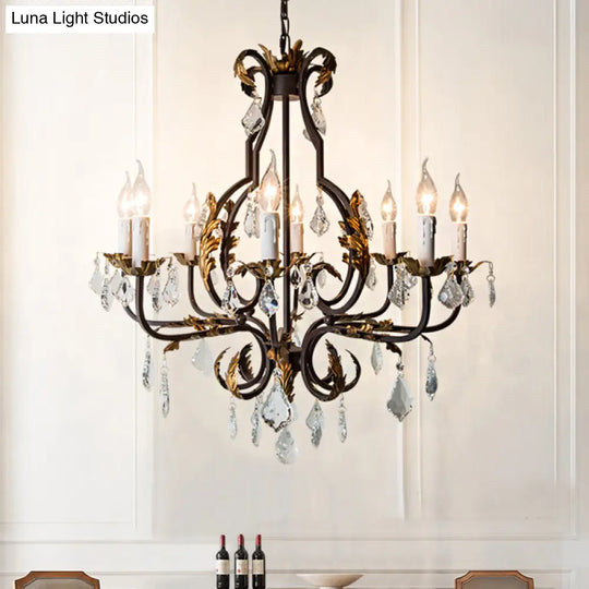 Rustic Wood Chandelier Lamp With Crystal Accent - Swooping Arm Pendant Light For Traditional Living