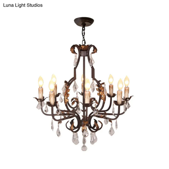 Rustic Wood Chandelier Lamp With Crystal Accent - Swooping Arm Pendant Light For Traditional Living