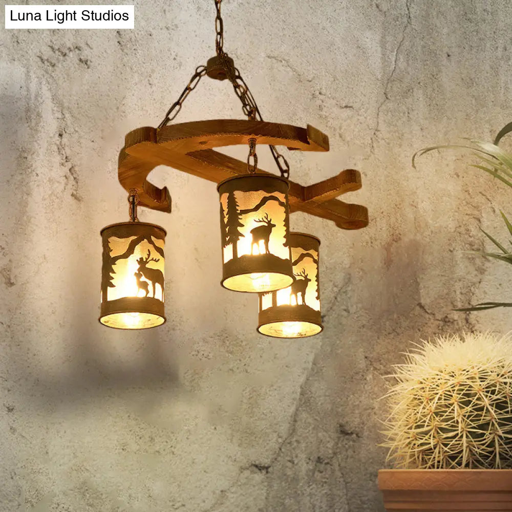 Rustic Wood Cylinder Chandelier With Anchor Accents - 3 Lights Brown Hanging Fixture For Living Room