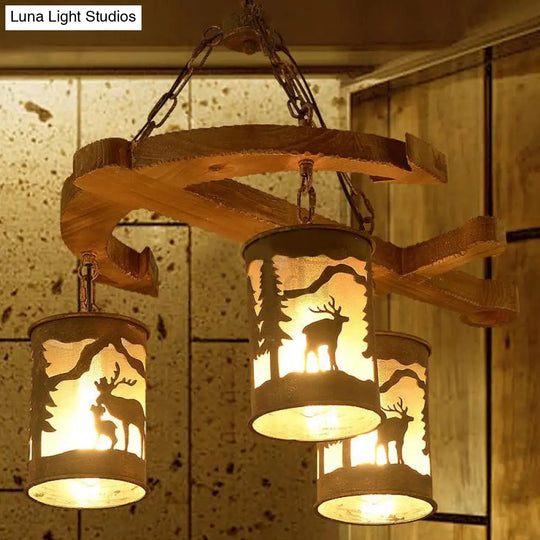 Rustic Wood Cylinder Chandelier With Anchor Accents - 3 Lights Brown Hanging Fixture For Living Room