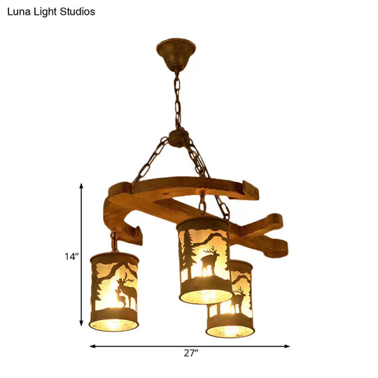 Rustic Wood Cylinder Chandelier With Anchor Accents - 3 Lights Brown Hanging Fixture For Living Room