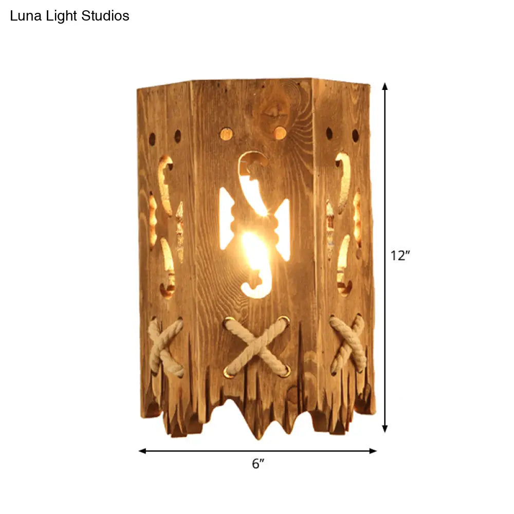 Rustic Wood Cylinder Shade Wall Lamp - 1 Head Brown Sconce For Restaurants