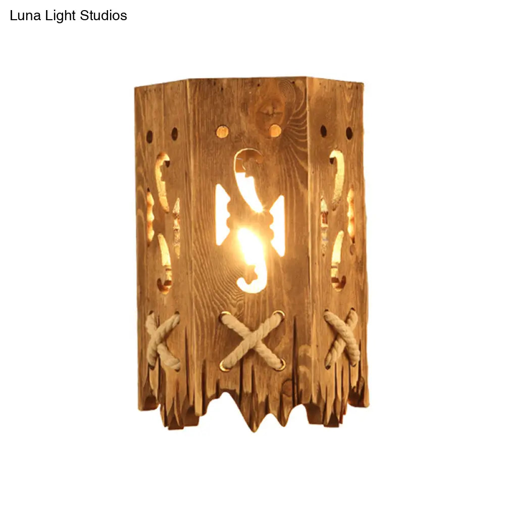 Rustic Wood Cylinder Shade Wall Lamp - 1 Head Brown Sconce For Restaurants