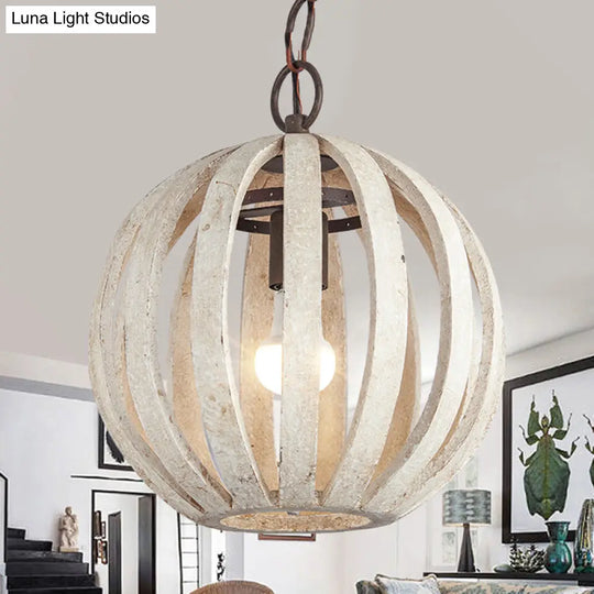 Rustic Wood Globe Cage Pendant Light For Living Room - White