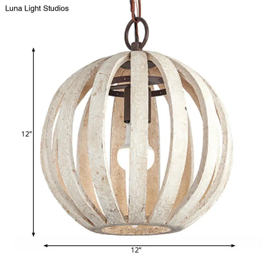 Rustic Wood Globe Cage Pendant Light For Living Room - White