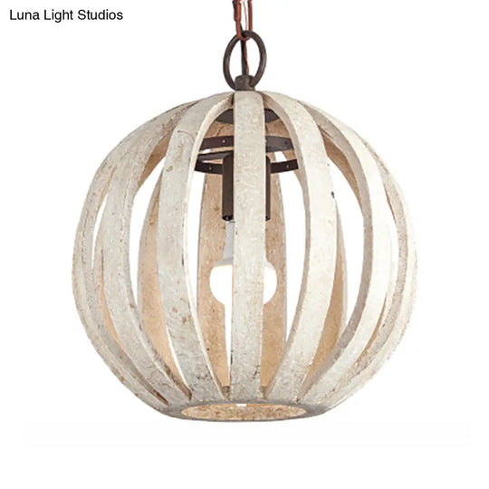 Rustic Wood Globe Cage Pendant Light For Living Room - White