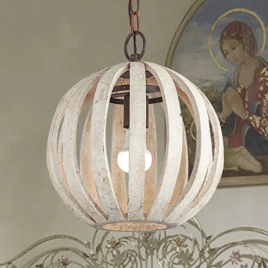 Rustic Wood Globe Cage Pendant Light For Living Room - White