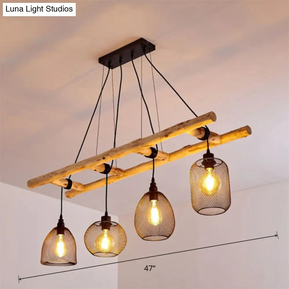 Rustic Wood Iron Mesh Suspension Lighting - 4-Bulb Dining Room Island Light