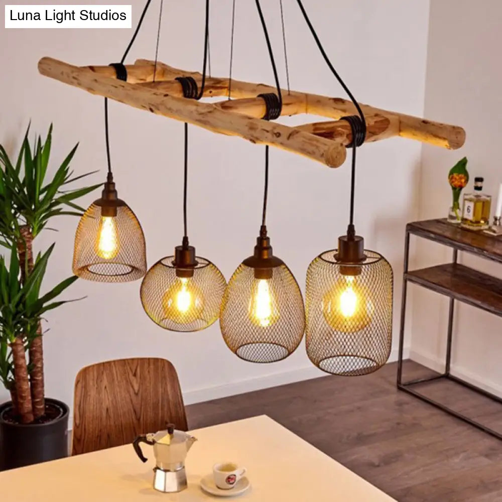 Rustic Wood Iron Mesh Suspension Lighting - 4-Bulb Dining Room Island Light