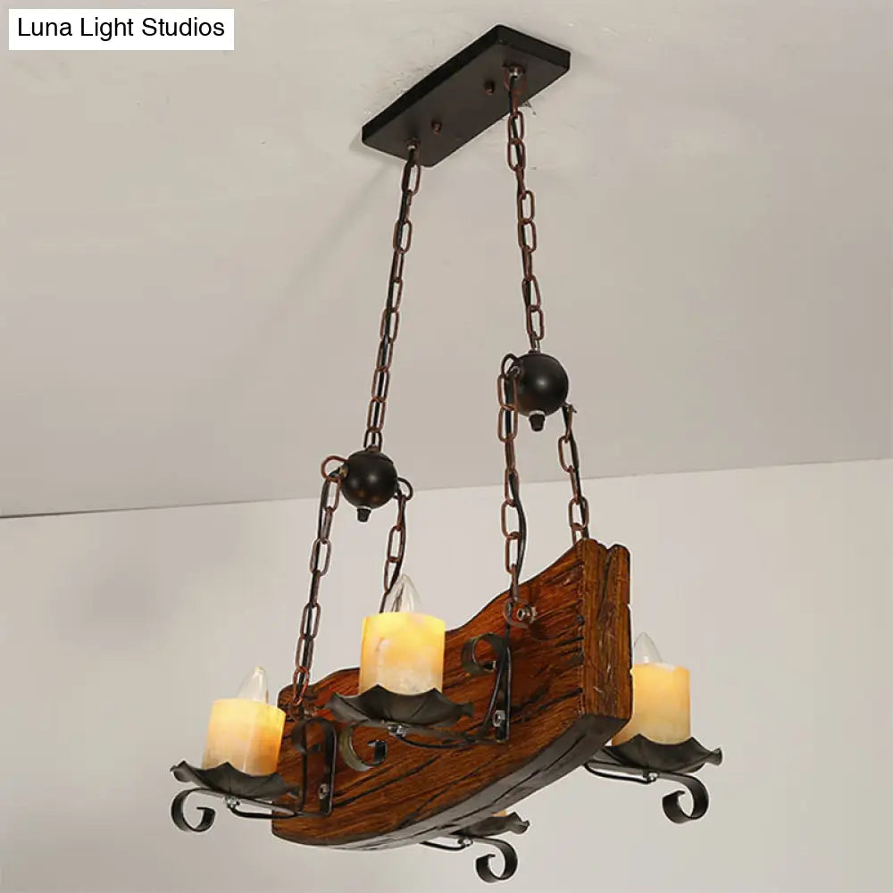 Rustic Wood Island Pendant Light With 4 Bulbs For Restaurants - Brown