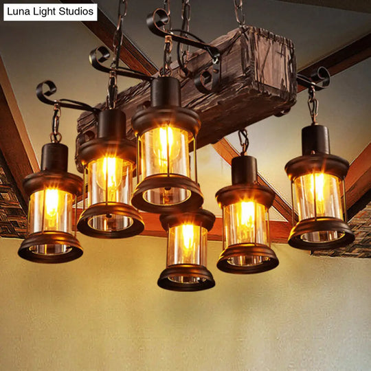 Retro Lantern Ceiling Chandelier With Iron And Wood For Restaurants 6 /