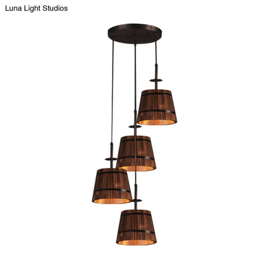 Rustic Wood Pendant Light With 4 Hanging Lamps - Coolie Shade For Restaurants In Brown