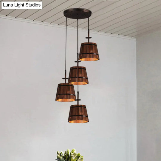 Rustic Wood Pendant Light With 4 Coolie-Shade Heads For Restaurants - Brown