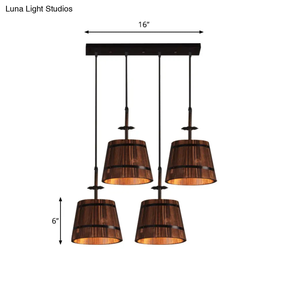 Rustic Wood Pendant Light With 4 Coolie-Shade Heads For Restaurants - Brown