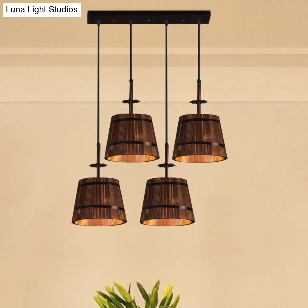 Rustic Wood Pendant Light With 4 Hanging Lamps - Coolie Shade For Restaurants In Brown Black /