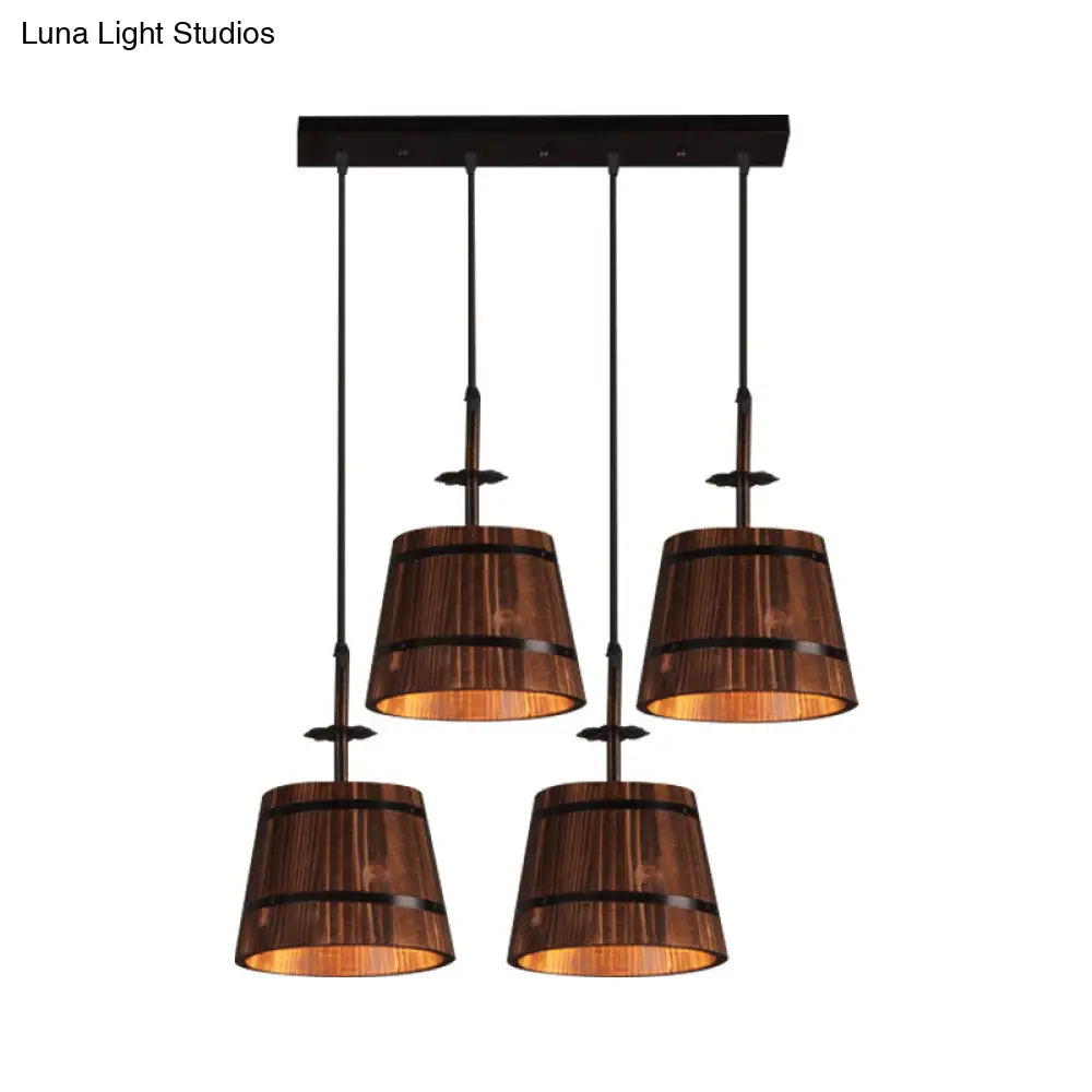 Rustic Wood Pendant Light With 4 Hanging Lamps - Coolie Shade For Restaurants In Brown