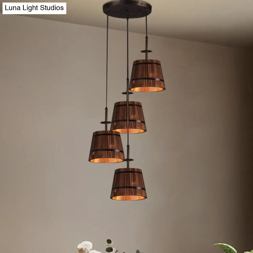 Rustic Wood Pendant Light With 4 Hanging Lamps - Coolie Shade For Restaurants In Brown Black / Round