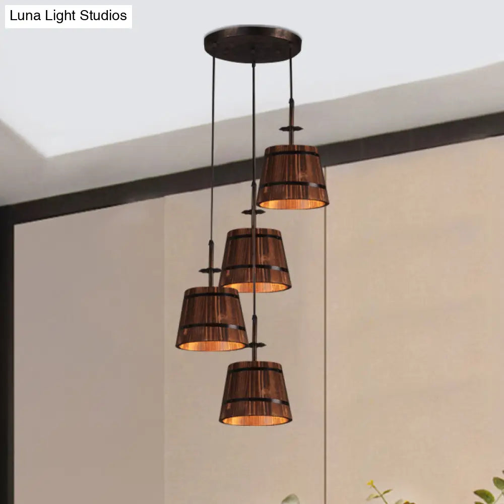 Rustic Wood Pendant Light With 4 Coolie-Shade Heads For Restaurants - Brown