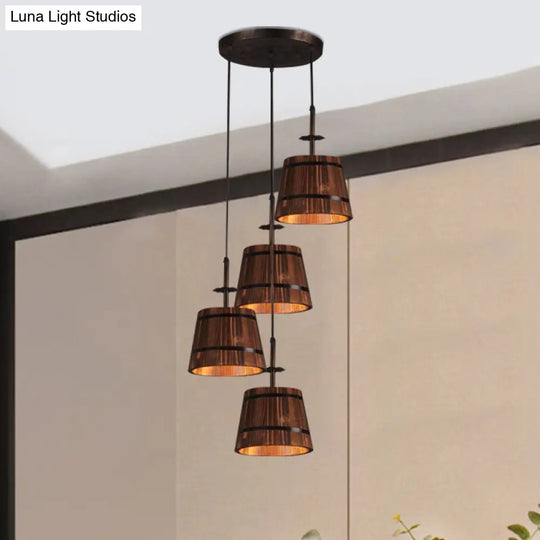 Rustic Wood Pendant Light With 4 Coolie-Shade Heads For Restaurants - Brown