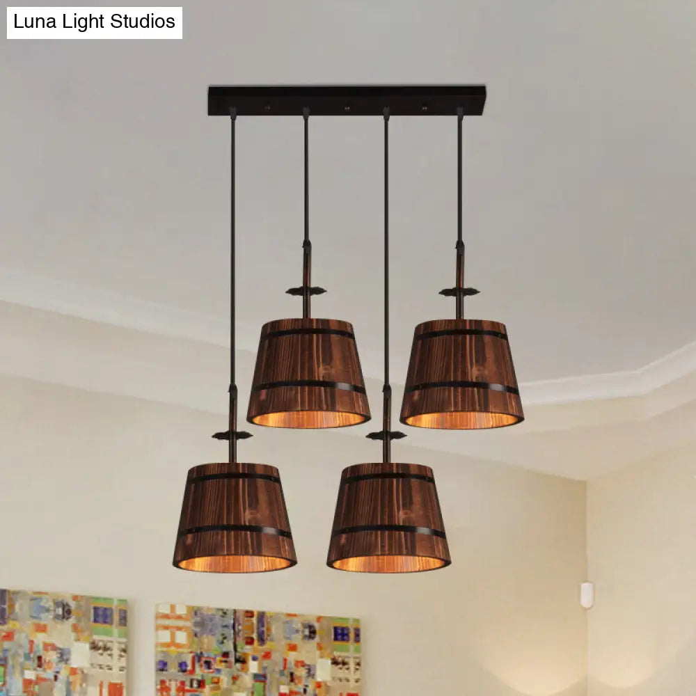 Rustic Wood Pendant Light With 4 Hanging Lamps - Coolie Shade For Restaurants In Brown