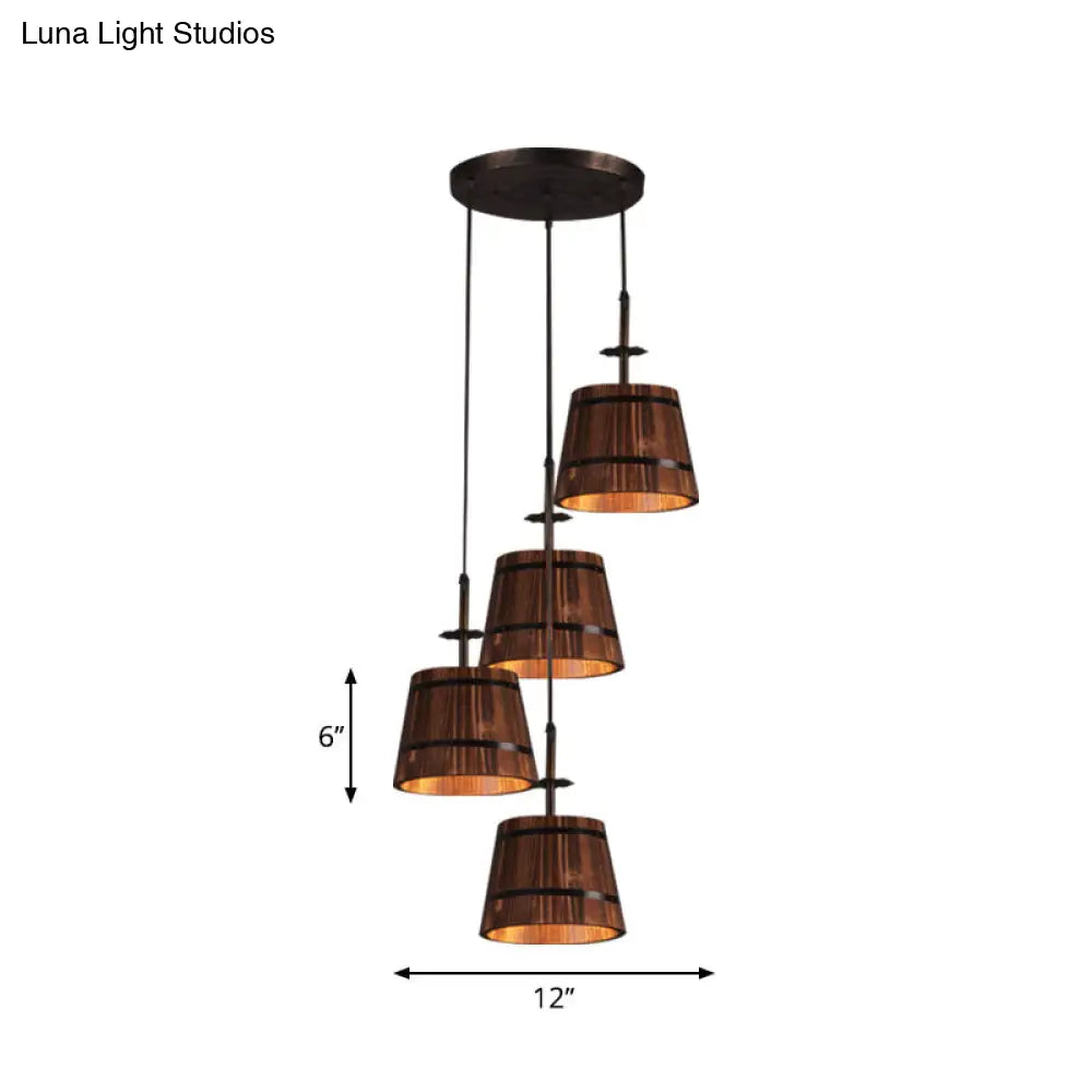 Rustic Wood Pendant Light With 4 Hanging Lamps - Coolie Shade For Restaurants In Brown