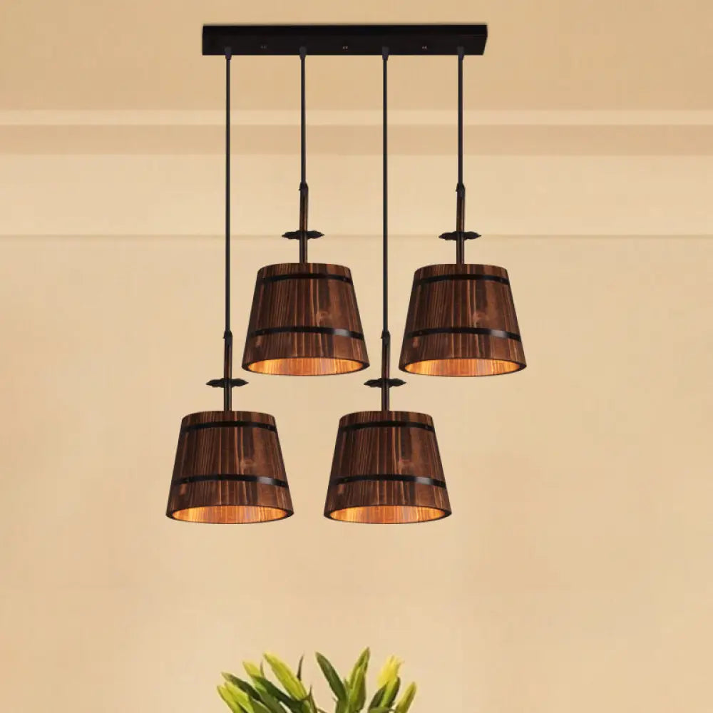 Rustic Wood Pendant Light With 4 Coolie-Shade Heads For Restaurants - Brown Black / Linear