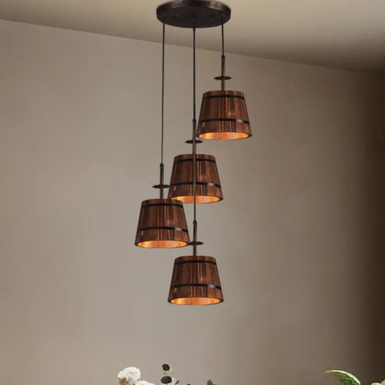 Rustic Wood Pendant Light With 4 Coolie-Shade Heads For Restaurants - Brown Black / Round