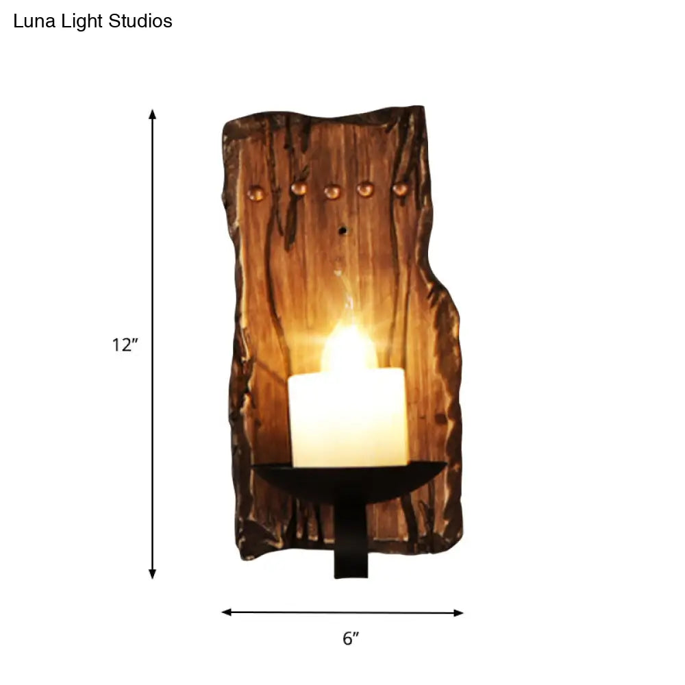 Rustic Wood Wall Sconce Light: Oval/Fish Shape Kitchen Mounted Lamp With Candle/Lantern (Brown)