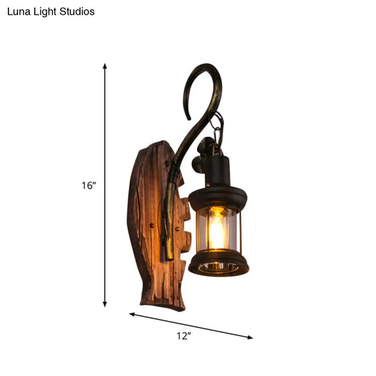 Rustic Wood Wall Sconce Light: Oval/Fish Shape Kitchen Mounted Lamp With Candle/Lantern (Brown)