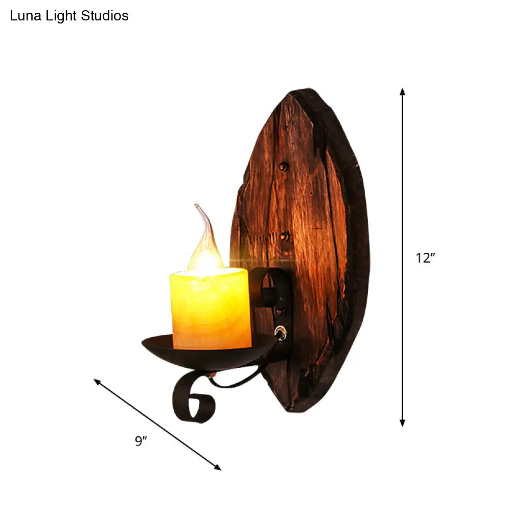 Rustic Wood Wall Sconce Light: Oval/Fish Shape Kitchen Mounted Lamp With Candle/Lantern (Brown)