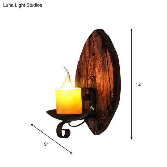 Rustic Wood Wall Sconce Light: Oval/Fish Shape Kitchen Mounted Lamp With Candle/Lantern (Brown)