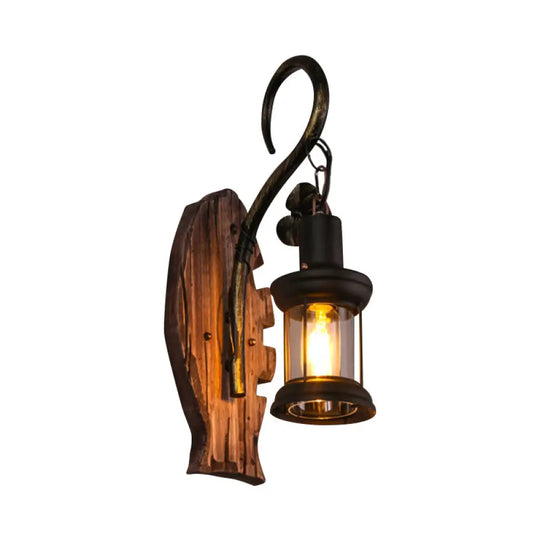 Rustic Wood Wall Sconce Light: Oval/Fish Shape Kitchen Mounted Lamp With Candle/Lantern (Brown)