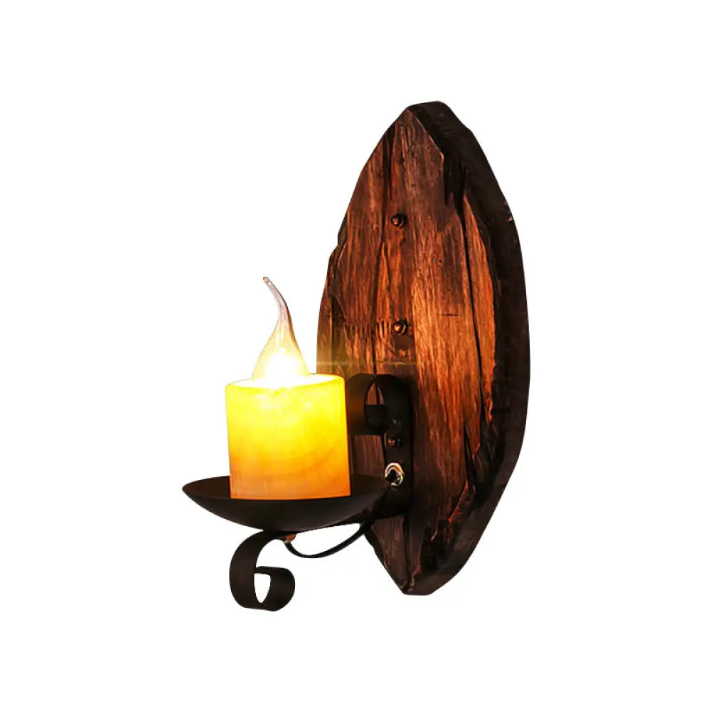 Rustic Wood Wall Sconce Light: Oval/Fish Shape Kitchen Mounted Lamp With Candle/Lantern (Brown)