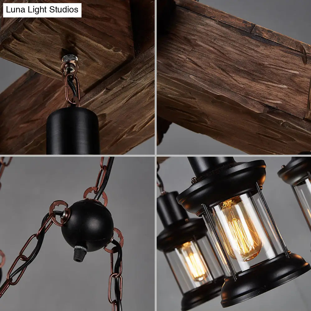 Rustic Wooden Brown Ceiling Light Lantern - 6-Bulb Hanging Island Lamp For Restaurants