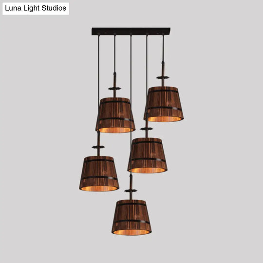 Country Style 4-Light Wooden Bucket Pendant Light - Brown