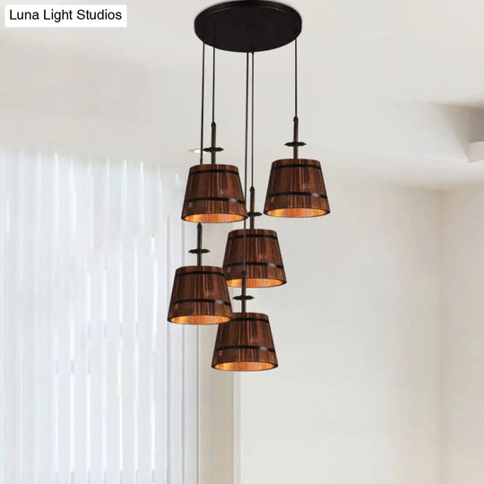 Country Style 4-Light Wooden Bucket Pendant Light - Brown Black / Round