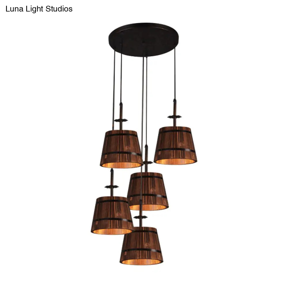 Country Style 4-Light Wooden Bucket Pendant Light - Brown
