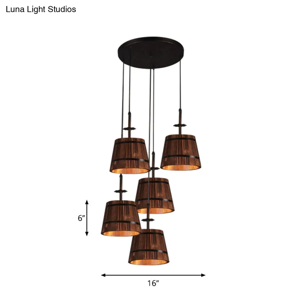 Rustic Wooden Bucket Pendant Light - Café Lodge 4-Light Country Style Brown