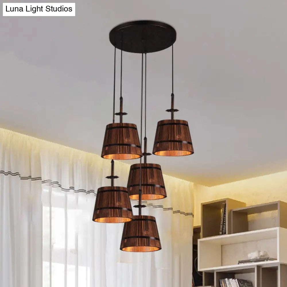 Country Style 4-Light Wooden Bucket Pendant Light - Brown