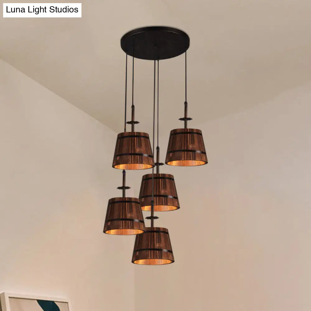 Rustic Wooden Bucket Pendant Light - Café Lodge 4-Light Country Style Brown