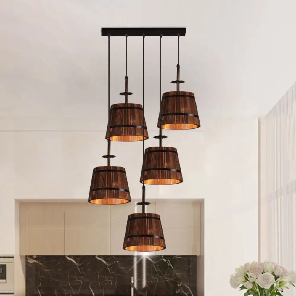 Rustic Wooden Bucket Pendant Light - Café Lodge 4-Light Country Style Brown Black / Linear