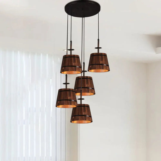 Rustic Wooden Bucket Pendant Light - Café Lodge 4-Light Country Style Brown Black / Round