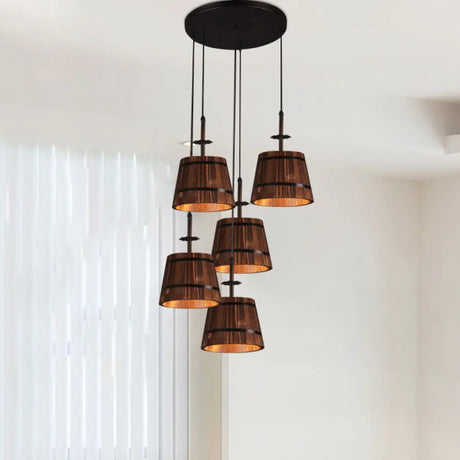 Rustic Wooden Bucket Pendant Light - Café Lodge 4-Light Country Style Brown Black / Round