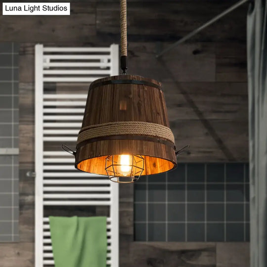 Rustic Wooden Bucket Shade Pendant Light - Stylish Hanging Lamp In Brown For Bar