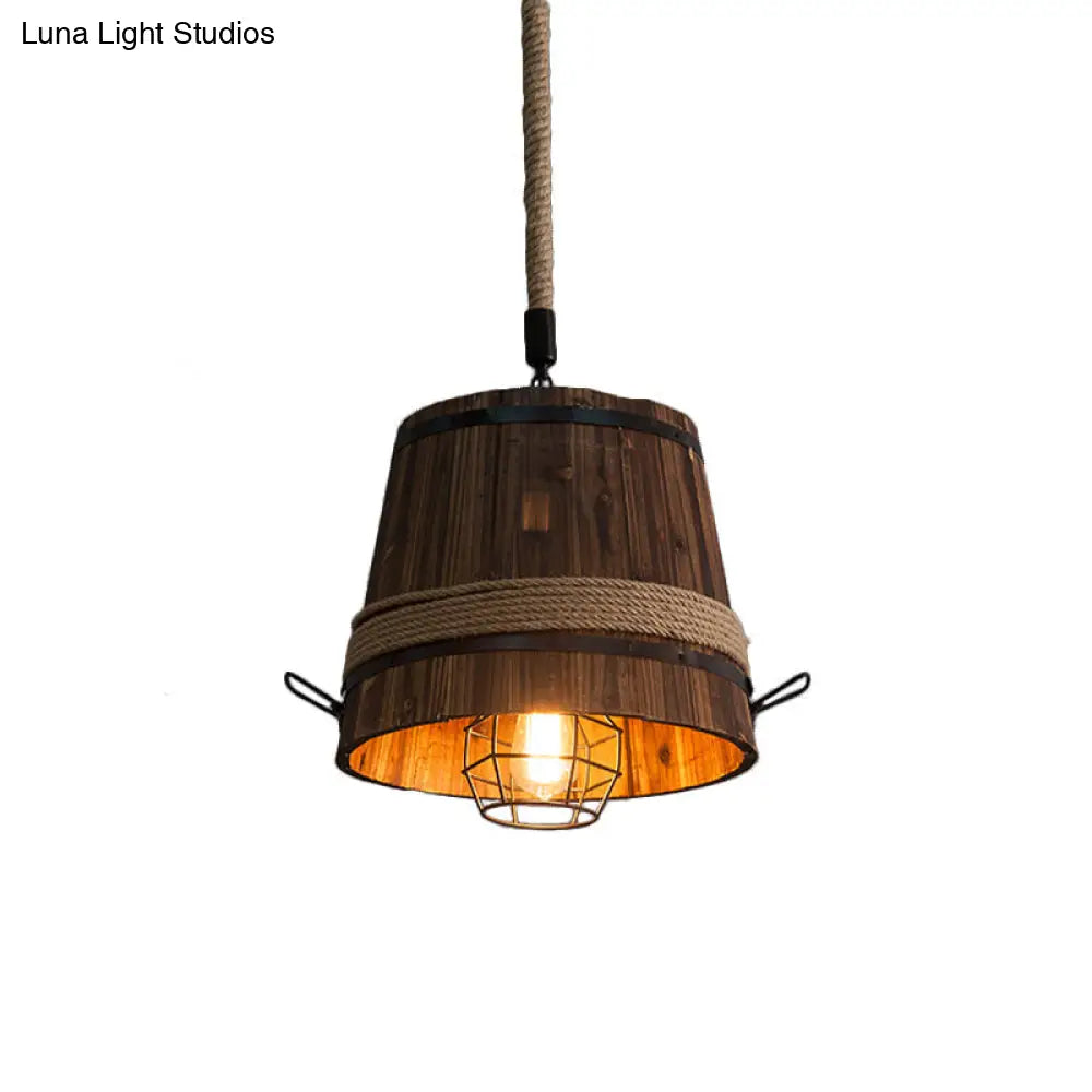 Rustic Wooden Bucket Shade Pendant Light - Stylish Hanging Lamp In Brown For Bar