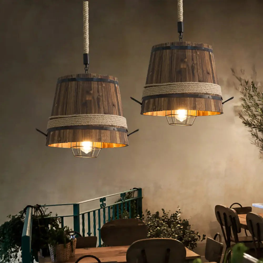 Rustic Wooden Bucket Pendant Light - Stylish Hanging Lamp For Bar Wood