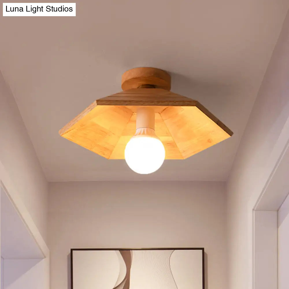 Rustic Wooden Flush Mount Ceiling Light: Ridged Saucer Design Beige Shade For Kitchen